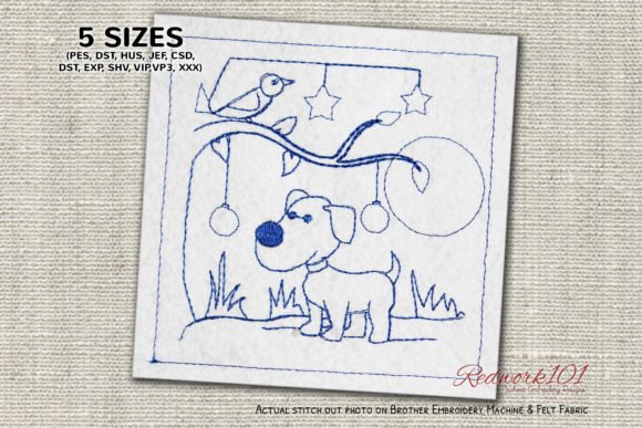 Dog Standing Near Tree Redwork